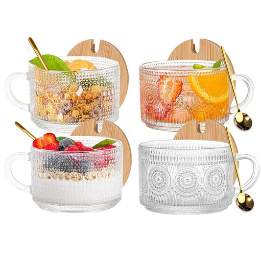 Behome 4pcs Set Glass Coffee Mugs, 14 Oz Coffee Cups with Bamboo Lids and Spoons, Clear Embossed Vintage Glass Cups for Cappuccino, Latte, Cereal, Yogurt