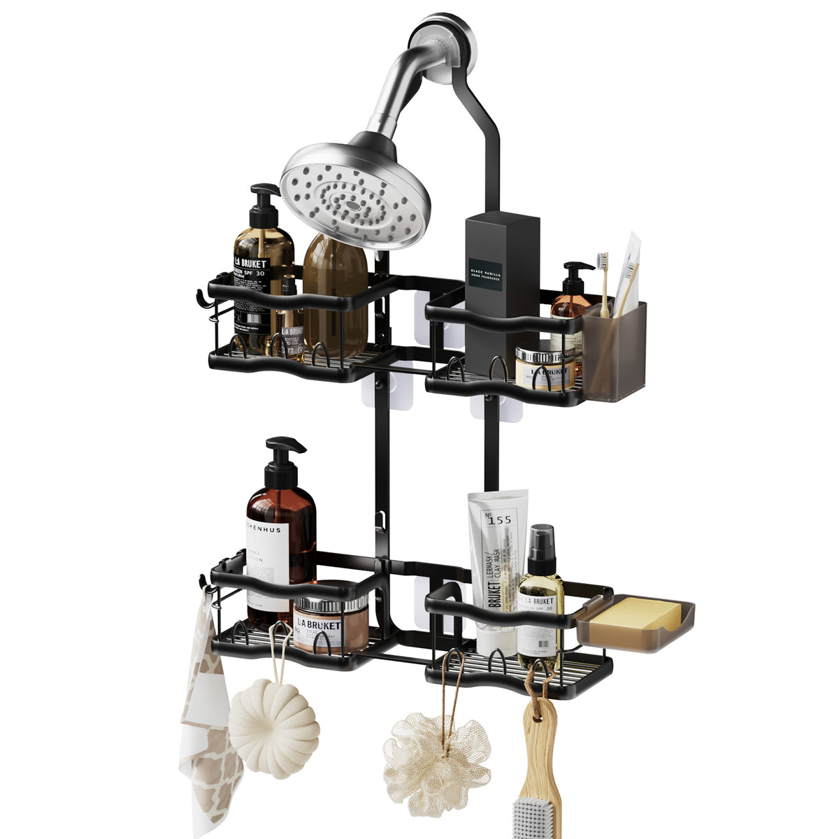 Behome Hanging Shower Caddy, Rustproof Shower Organizer with Soap Holder and Hooks, Over Showerhead Caddy for Bathroom, Black