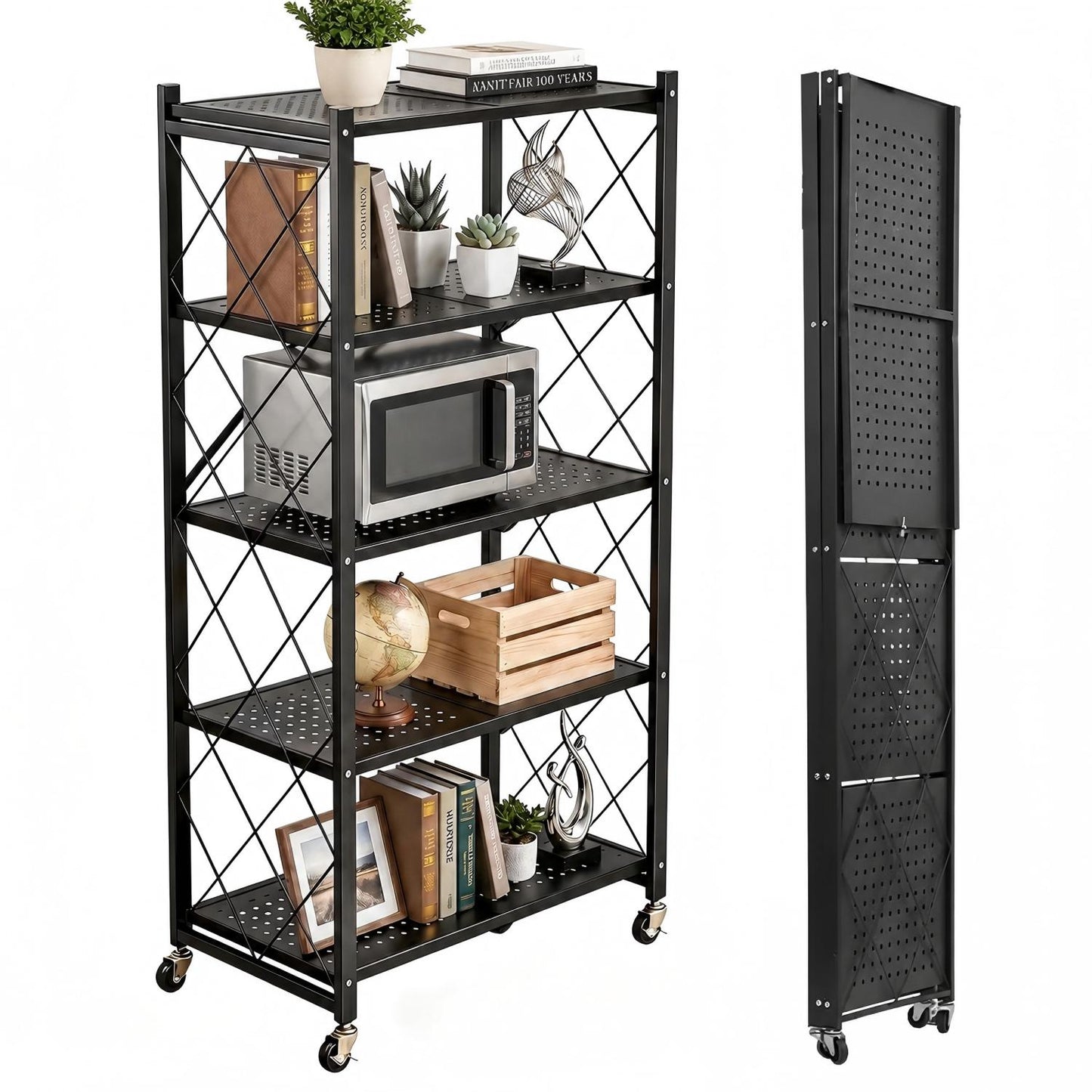 Behome 5 Tier Foldable Storage Shelves with Wheels, 28.1"x 13.4"x 61" Metal Shelving, No Assembly Storage Rack for Garage Kitchen, Basement, Pantry