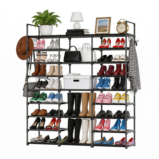 Behome 9-Tier Metal Shoe Rack, Tall Large Shoe Rack Storage Organizer with Hooks, Shoe Shelf for Entryway, Closet, Bedroom, Living Room, Black