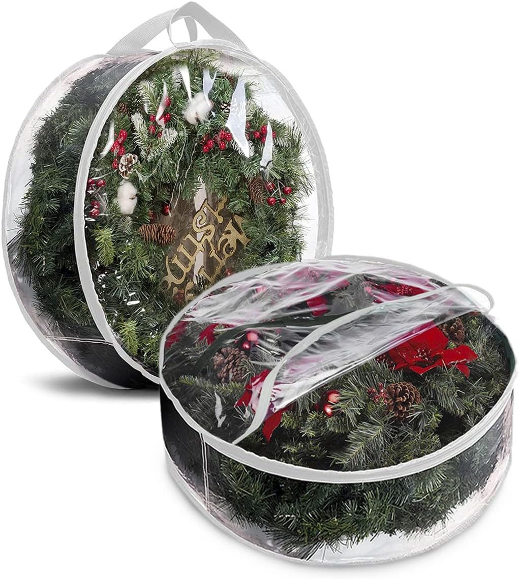 Behome 2 Pack Christmas Wreath Storage Bag, Clear Christmas Decoration Garland Container, Durable Zipper PVC Holiday Wreaths Storage Holder with Handles (White, 24”)