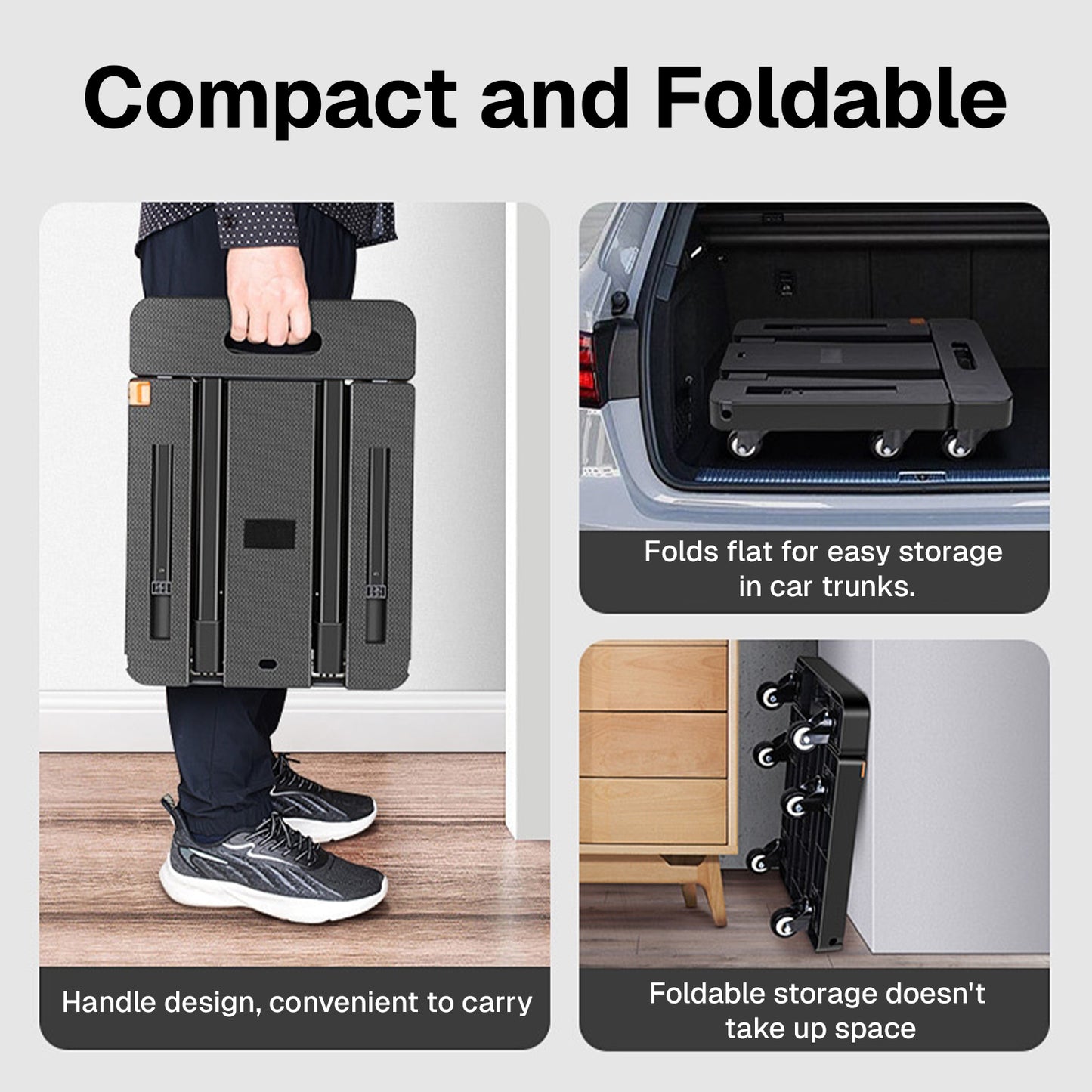 BN-LINK Folding Hand Truck, Portable Heavy Duty Dolly Cart, 6 Wheels Collapsible Luggage Cart with 2 Elastic Rope, for Moving, Travel, House, Office, Shopping, Black