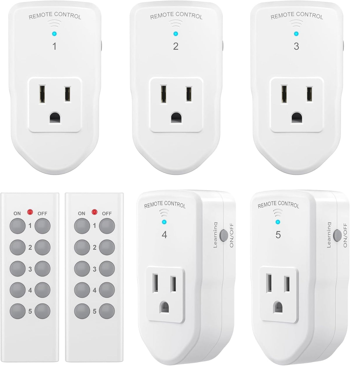BN-LINK Wireless Remote Control Outlet with Extra Long Range, for Household Appliances, White (2 Remotes + 5 Outlets)