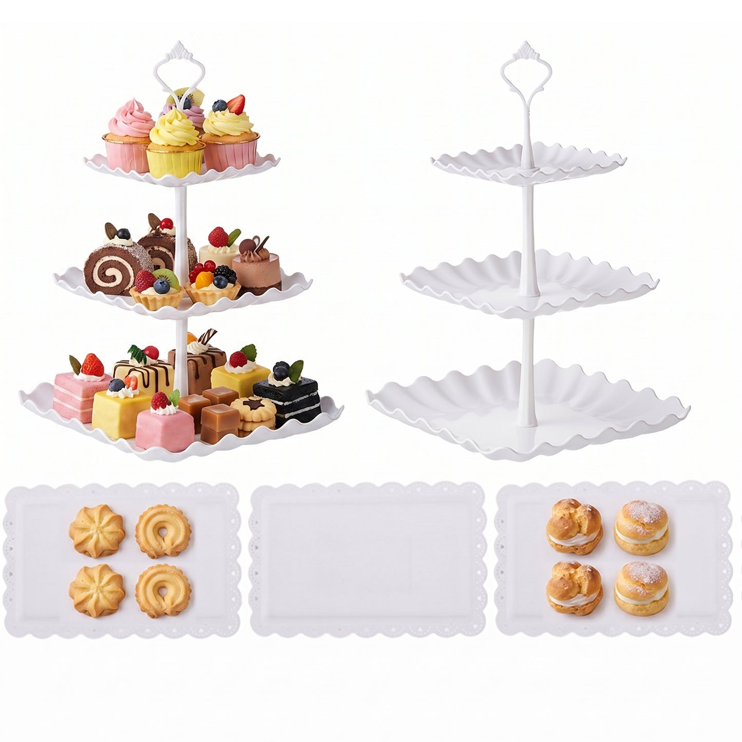 Behome 5 Pack Cupcake Stand, 2 Three-Tier Cup Cake Holder Tower and 3 Serving Trays Cake Stand Set, Square Dessert Holder for Birthday, Tea Party, Wedding, Baby Showers,White
