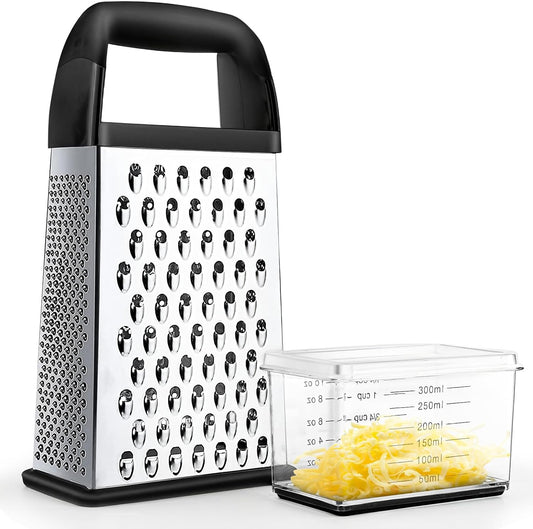 Behome Cheese Grater with Container, 4-Side Stainless Steel Cheese Shredder & Vegetable Chopper with Slip Resistant Handle, Box Grater for Fruit, Vegetables, Ginger
