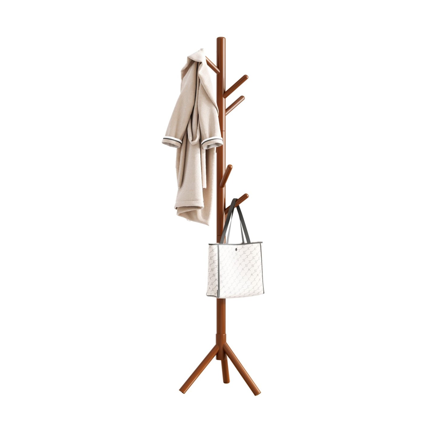 Behome Wooden Coat Rack, Solid Freestanding Coat Rack with 8 Hooks and 3 Adjustable Size, Hall Coat Tree for Bedroom, Entryway, Living Room, for Hats, Coats, Handbags, Brown