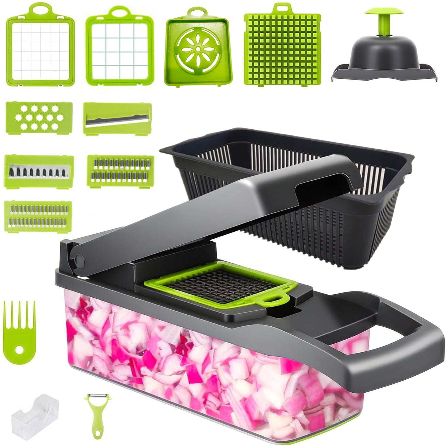 Behome Mandoline Slicer, 16-in-1 Multi-Functional Kitchen Gadget Set, Veggie Chopper, Food Chopper with Container, Vegetable Cutter & Spiralizer for Onion Salad, Gray