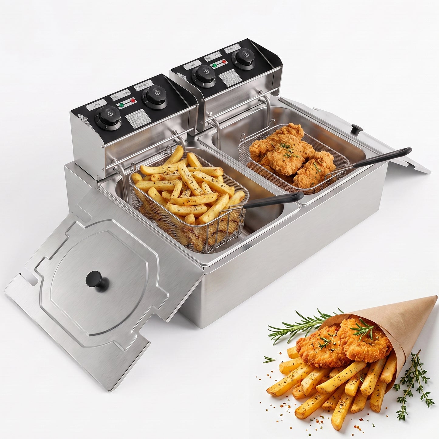 Behome Deep Fryer with 2 Baskets, 3000W 6.34QT/6L x 2 Thickened Stainless Steel Countertop Electric Oil Fryer, Easy Clean with Adjustable Temperature & Timer, Silver