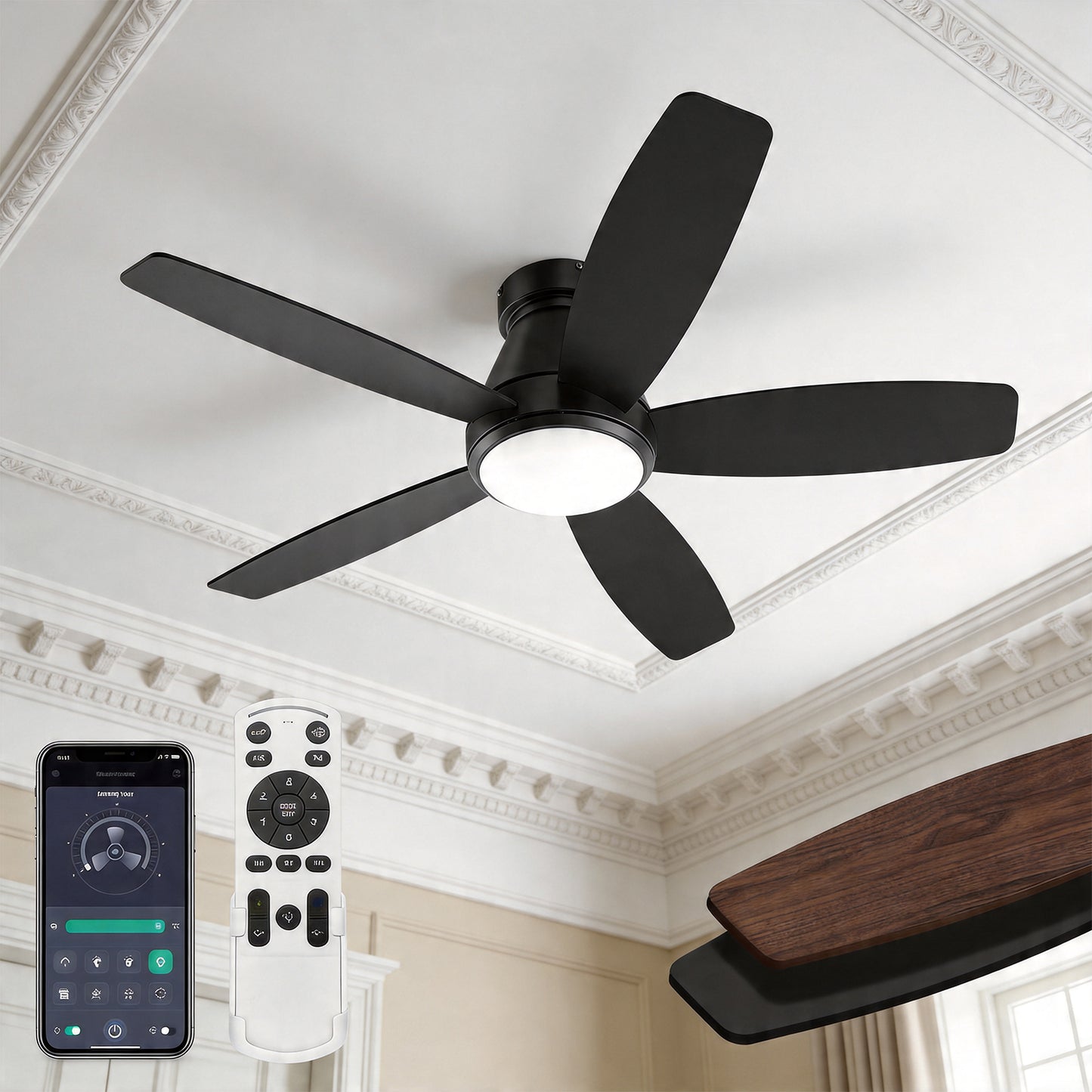 Behome 42" Ceiling Fan, Low Profile Ceiling Fans with Lights and Remote/APP Control, Double-sided Fan Blades, Flush Mount, 6 Speeds & Reversible, 3CCT, Dimmable, Noiseless, for Bedroom, Living Room