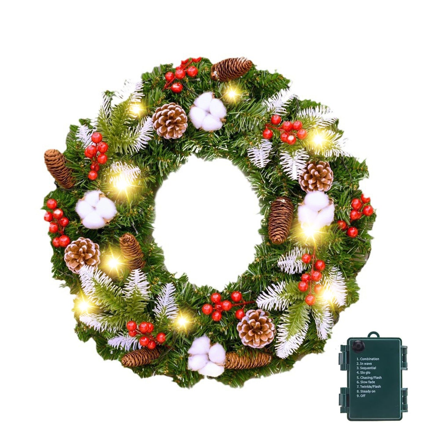 BN-LINK 24 Inch Pre-Lit Artificial Christmas Wreath, 8 Lighting Modes & 50 LED Lights & 180 Branch Tips, X-max Decoration for Home Wall Window Porch