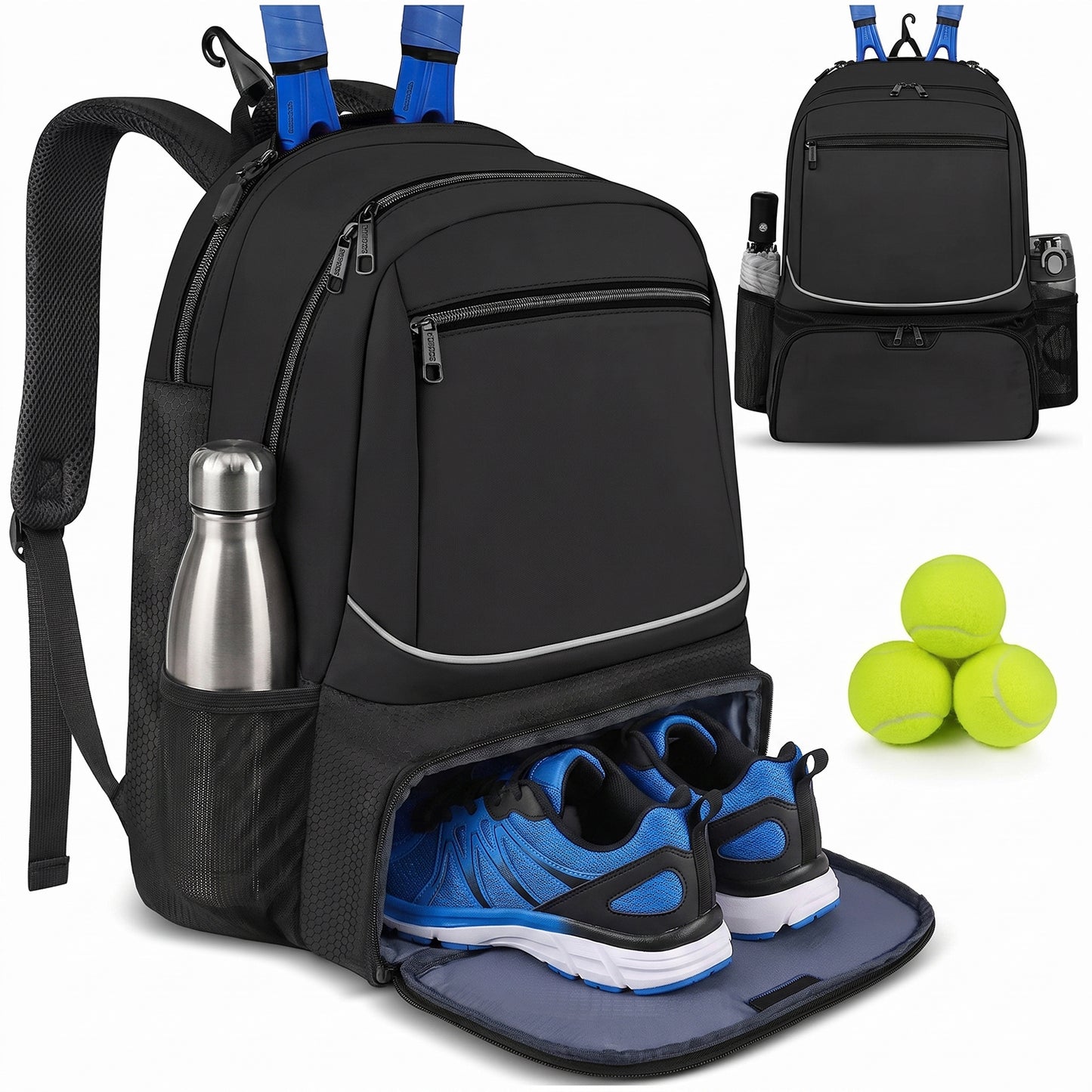 Behome Tennis Bag Holds 2 Rackets, Tennis Backpack with Breathable Padded Straps, Fence Hook, Insulated Pocket & Ventilated Shoe Compartment, Water Resistant Tennis Bags for Women, Men