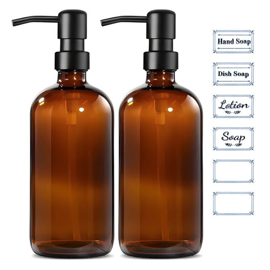 Behome 2 Pack Glass Soap Dispenser with Labels, 17 Oz Amber Hand Soap Dispensers with Stainless Steel Pump, for Essential Oil, Lotion