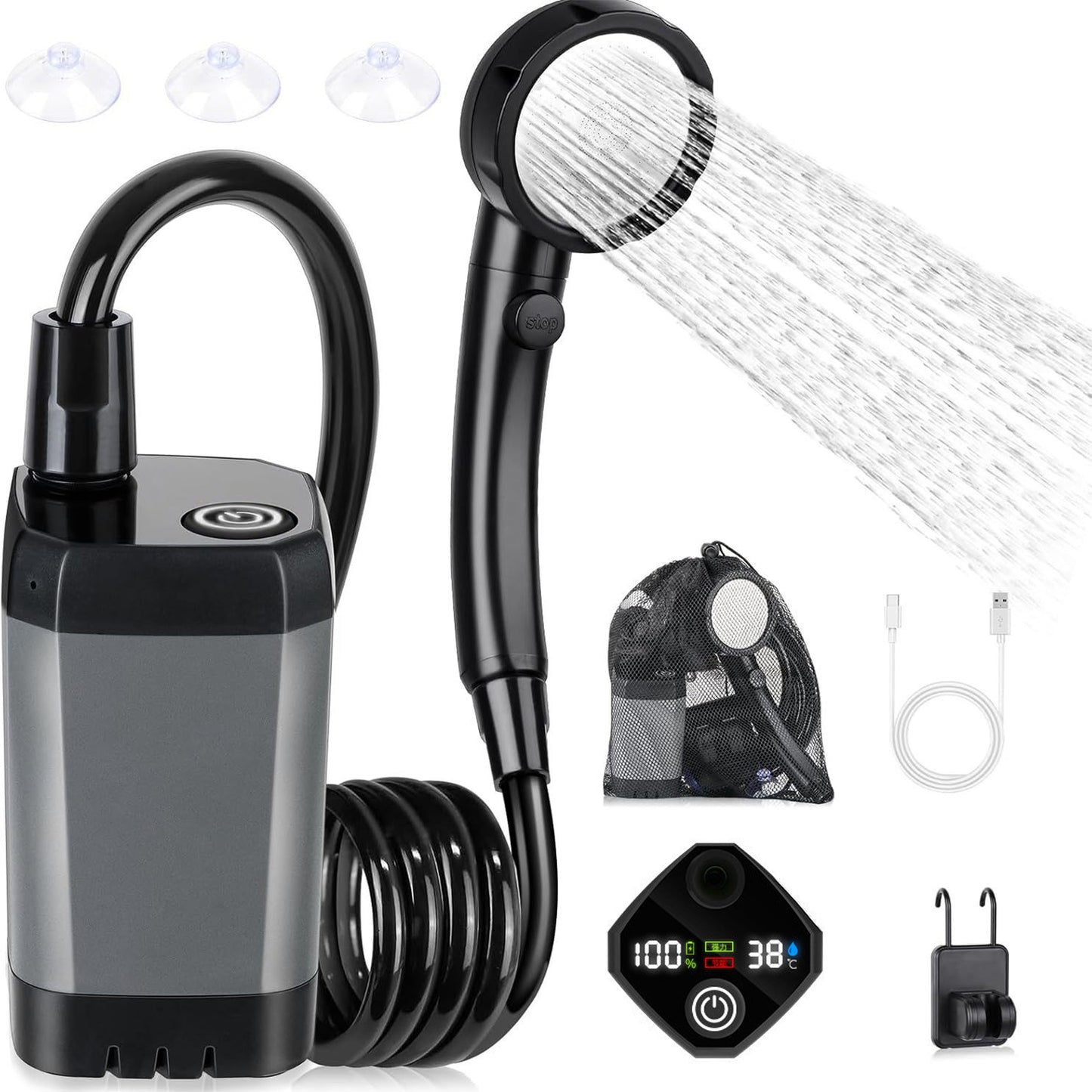 BN-LINK Portable Shower, 6000mAh Rechargeable Camping Shower, LED Display Outdoor Shower for Camping, Beach, Travel, Hiking, Pet Cleaning,Gray