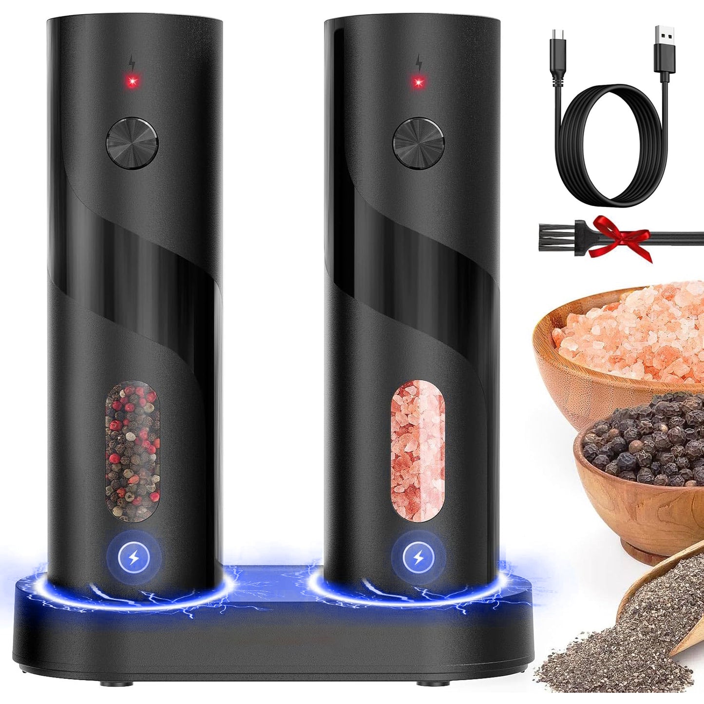 BN-LINK 2Pack Electric Pepper and Salt Grinder Set, Rechargeable Salt and Pepper Mill with LED Light, Charging Base & Adjustable Coarseness, One Hand Automatic Operation, for Kitchen, Outdoor, Black (4.7) | 103 ratings