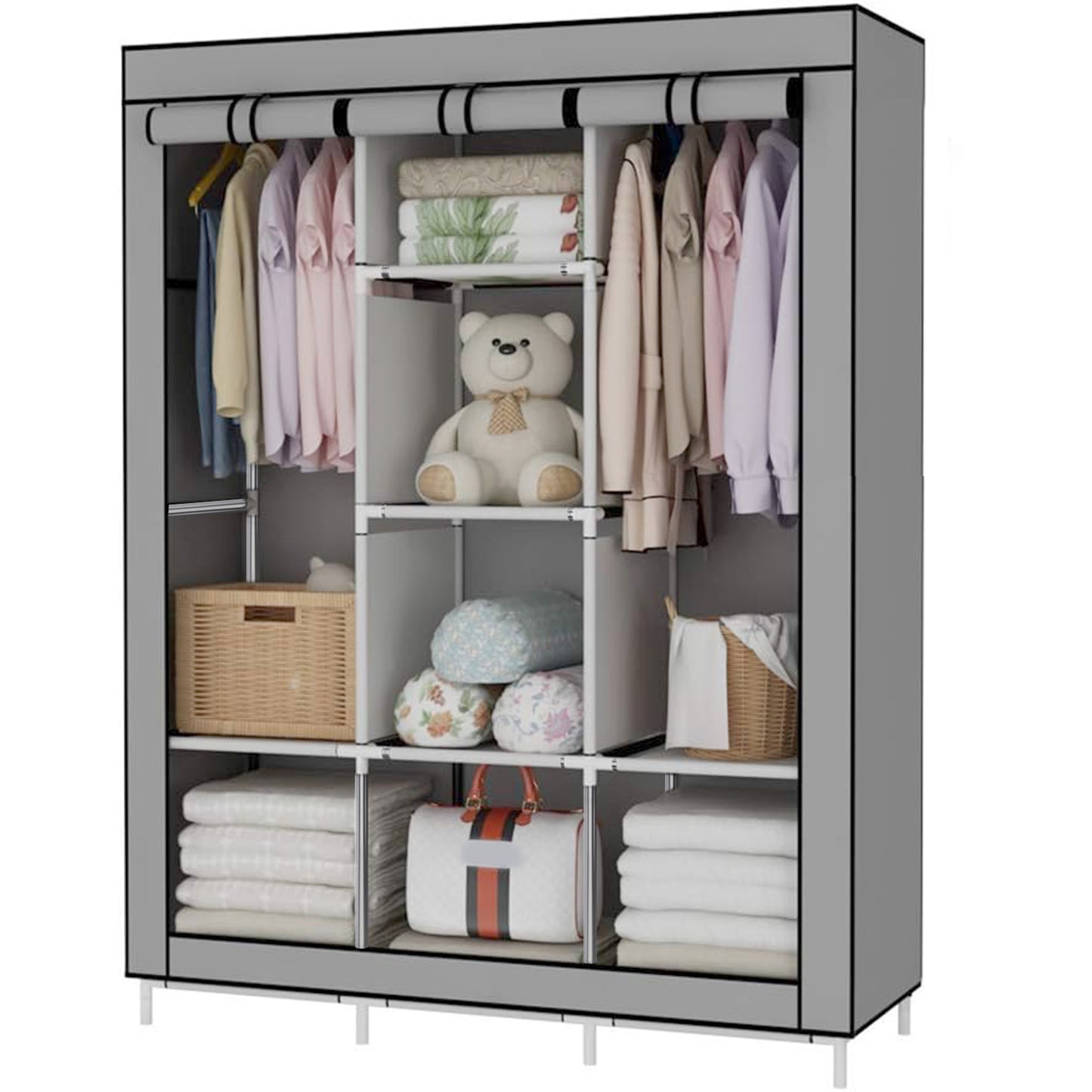 BN-LINK Portable Closet Wardrobe, Wardrobe Closet Organizer with Non-Woven Fabric Cover, 8 Compartments, Large Clothes Storage Organizer, 51.2x 17.7 x 67 Inches, Gray
