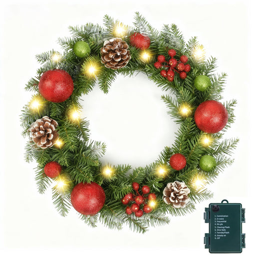 BN-LINK 24 Inch Pre-Lit Artificial Christmas Wreath, 8 Lighting Modes & 50 LED Lights & 180 Branch Tips, X-max Decoration for Home Wall Window Porch