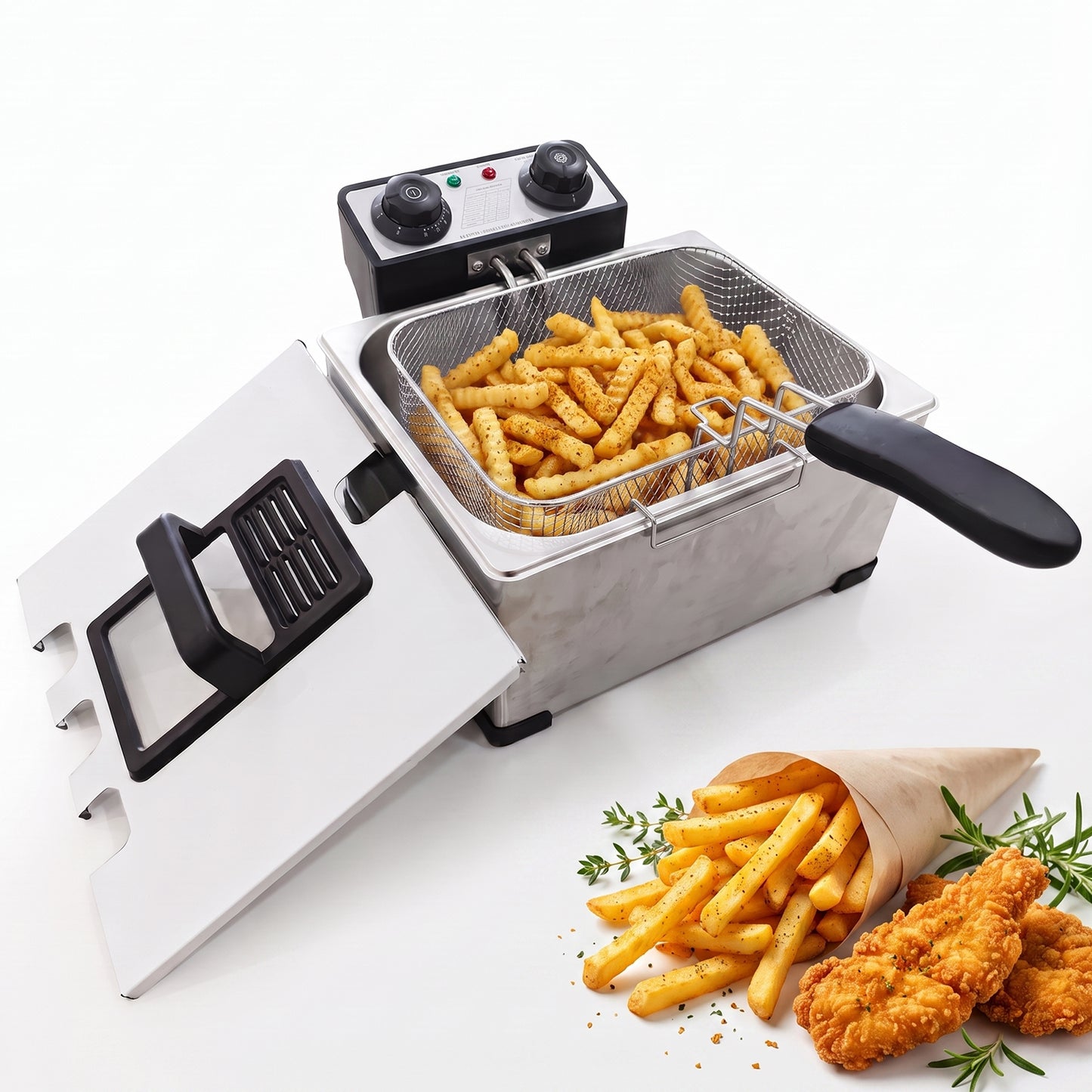Behome Deep Fryer with 3 Baskets, 1400W 4.5QT/5L Thickened Stainless Steel Countertop Electric Oil Fryer, Easy Clean with Adjustable Temperature & Timer, Silver