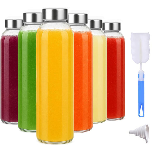 Behome 18 oz Glass Juice Bottles with Lids, 6 Pack Reusable Water Bottles with Funnel, Leak Proof & BPA Free, Glass Water Bottle for Juicing, Refrigerator, Beverage Storage Containers