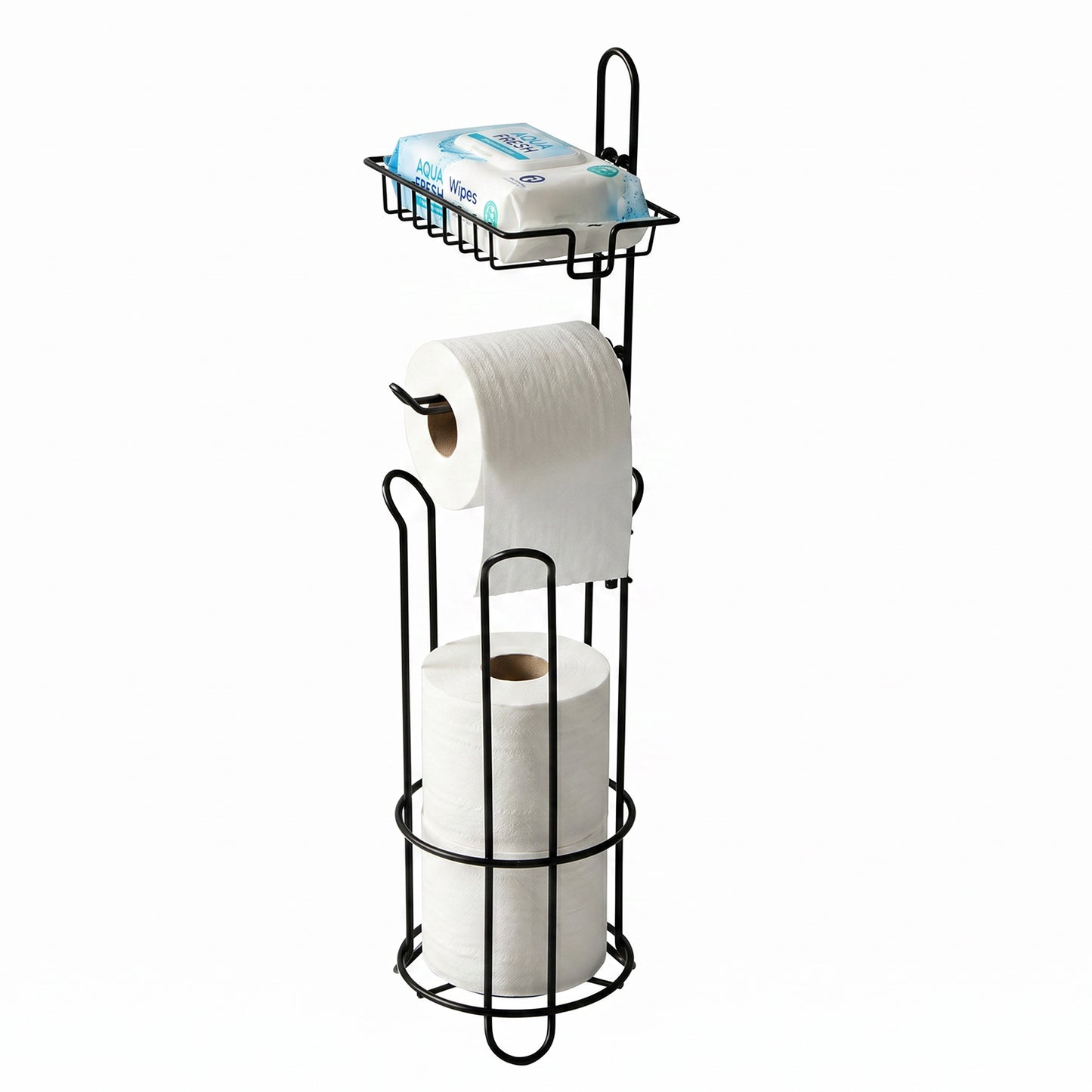 Behome Toilet Paper Holder Stand with Shelf, Freestanding Toilet Paper Holder with Dispenser for 4 Rolls, Heavy-Duty Steel Tissue Roll Storage Rack for Bathroom