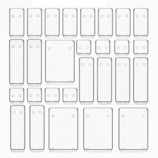 Behome 28 PCS Clear Plastic Drawer Organizers Set, 4-Size Versatile Drawer Organizer Trays, Storage Bins for Bathroom, Office, Makeup, Gadgets