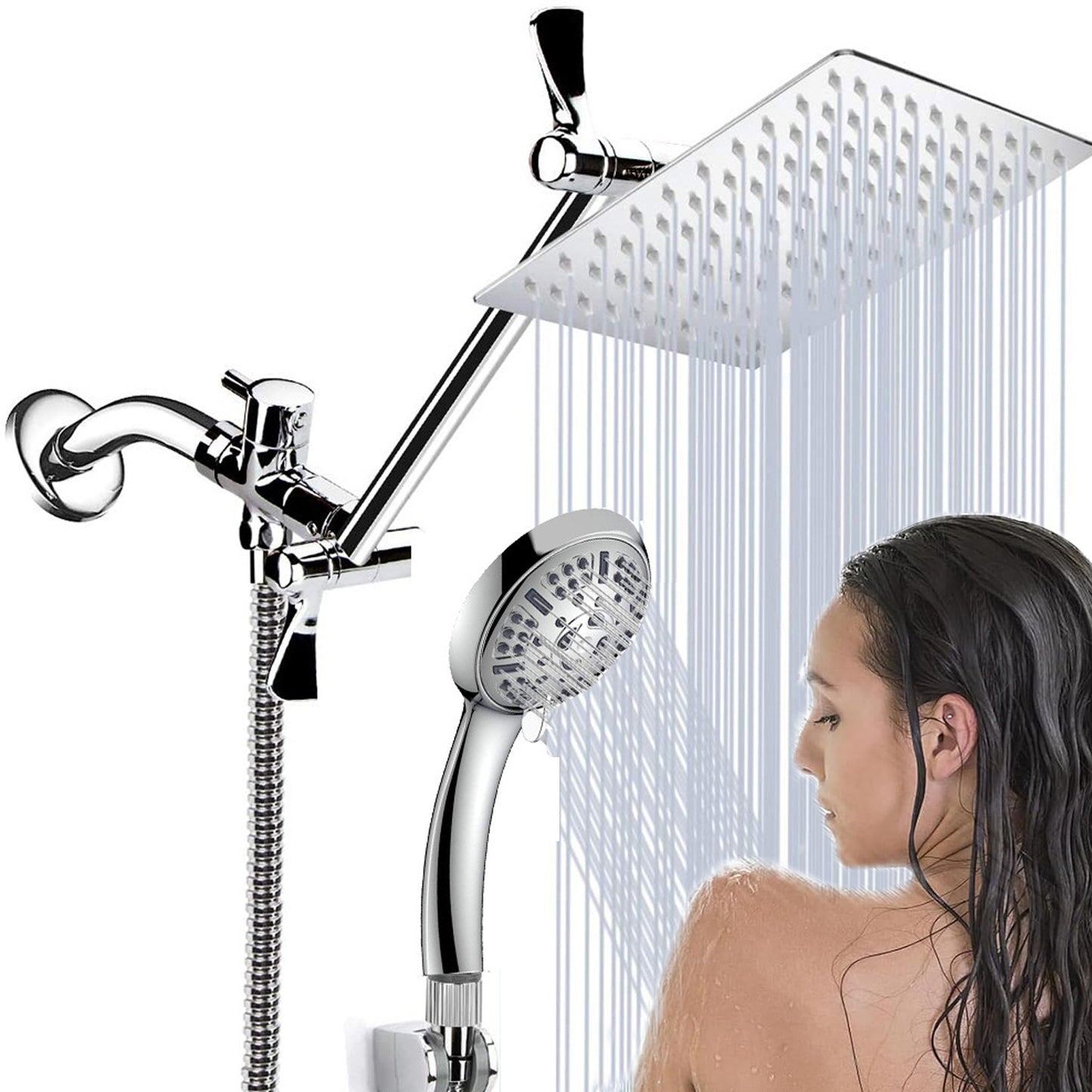 BN-LINK 8 Inch Rain Shower Head Combo, High Pressure Shower Head with 9 Spray Pattern, 11 Inch Extension Arm, Height/Angle Adjustable Anti-leak Shower Head with Holder/Hose