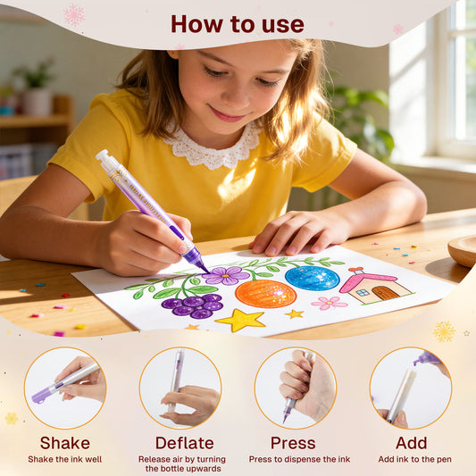 Behome 12 Colors Glitter Paint Markers, Soft Brush Extra Fine-Tip, Refillable Metallic Water-Based Markers for Drawing, Greeting Cards, Scrapbooking & DIY Projects on Paper