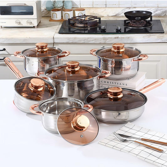 Behome 12Pcs Stainless Steel Cookware Set, Pots and Pans Set with Ergonomic Handles, Compatible with Induction, Electric, Gas Cooktops, Dishwasher Safe