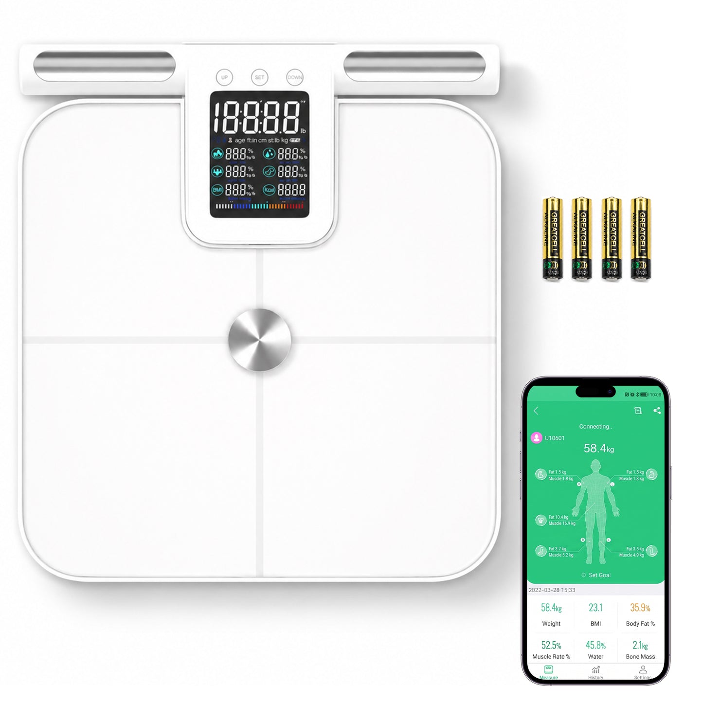 Behome Smart Scale for Body Weight, 8-Electrode Smart Body Composition Health Scale，Handle Display Screen,WiFi & Bluetooth, 24 Body Metrics, High Accuracy Bathroom Scale,White