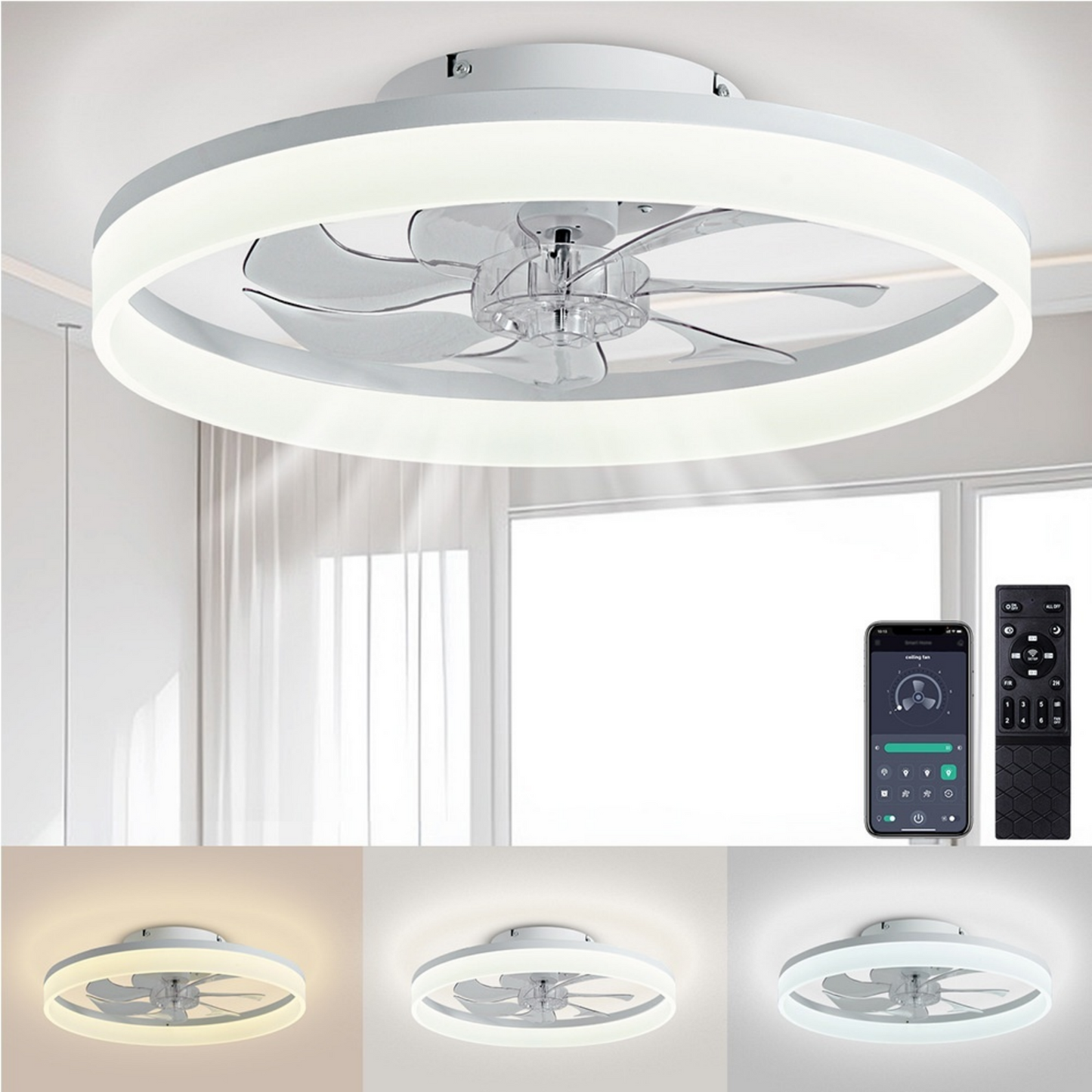 Behome 20" Ceiling Fan, Low Profile Ceiling Fans with Lights and Remote/APP Control, Flush Mount, 6 Speeds & Reversible, 3CCT, Dimmable, Noiseless, for Bedroom, Living Room