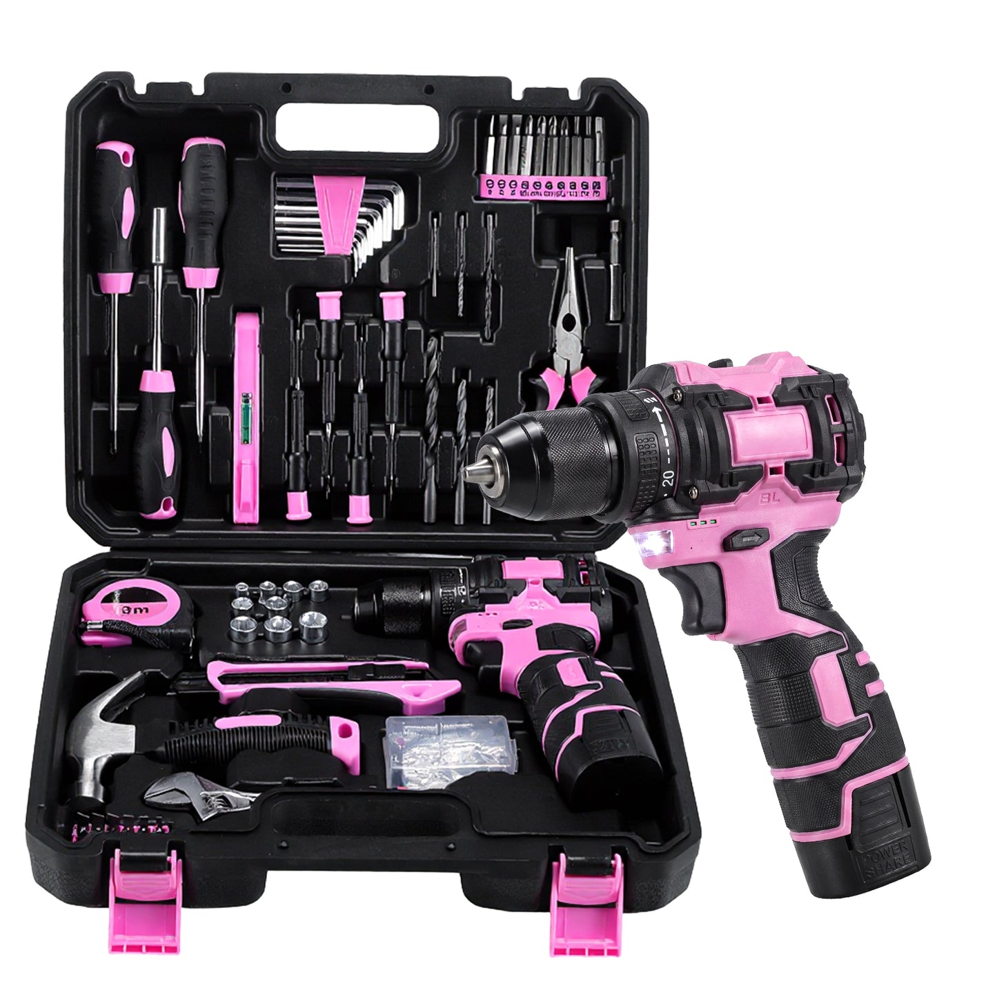 BN-LINK 16.8V Cordless Drill, 66Pcs Electric Power Drill Set, 20+1 Torque Setting,Lightweight Power Drill Tool Set for Home DIY Projects, Pink
