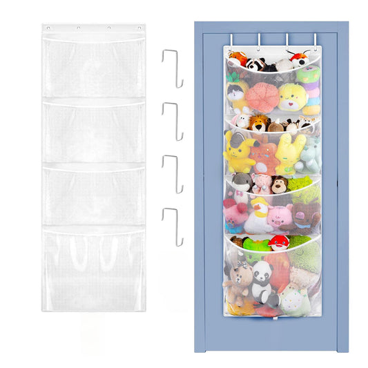 Behome Stuffed Animal Storage, Over the Door Organizer with 4 Large Pockets, Hanging Door Toy Organizer for Bedroom, Bathroom, Pantry, White
