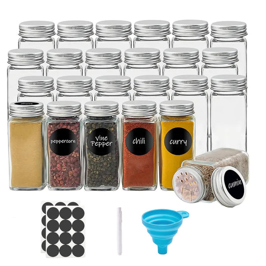 Behome 24 Pcs Glass Spice Jars with Spice Labels, 4oz Empty Square Spice Bottles with Shaker Lids, Airtight Caps, Funnel, Chalk Pen, Seasoning Bottles for Spice Rack, Drawer, Cabinet