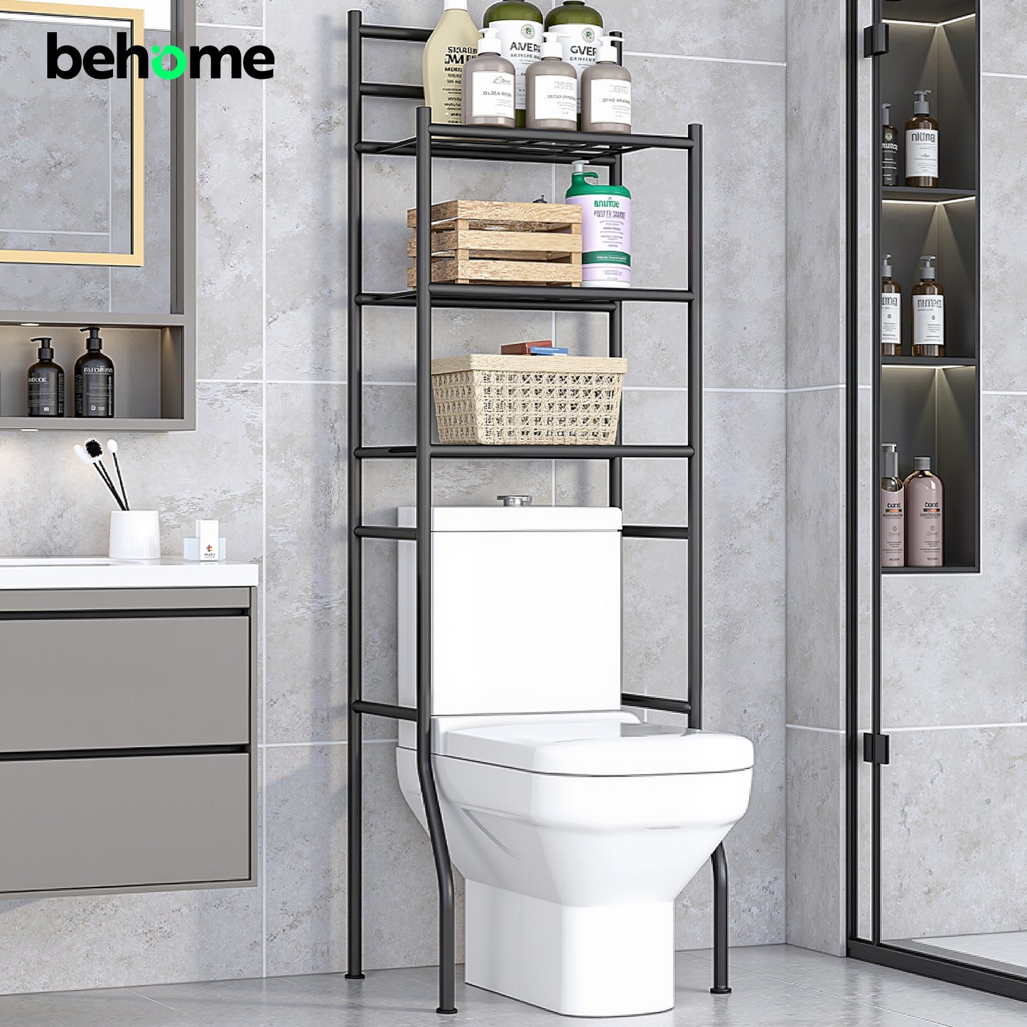 Behome 3-Tier Over The Toilet Storage Shelf, Bathroom Organizer Shelf Over Toilet with 6 Hooks, Freestanding Space Saver Bathroom Storage Shelves
