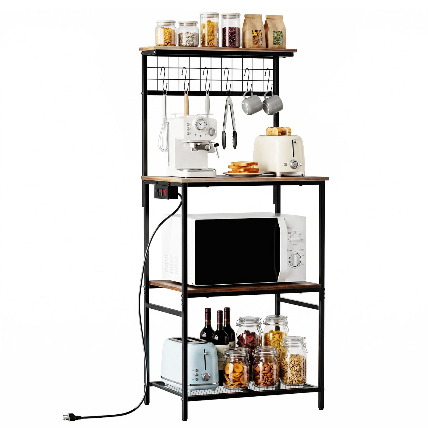 Behome Kitchen Bakers Rack with Power Outlet,Microwave Stand Station with 6 S Hooks,4 Tiers Kitchen Storage Shelf Rack for Kitchen, Dining Room,Living Room,Rustic Brown