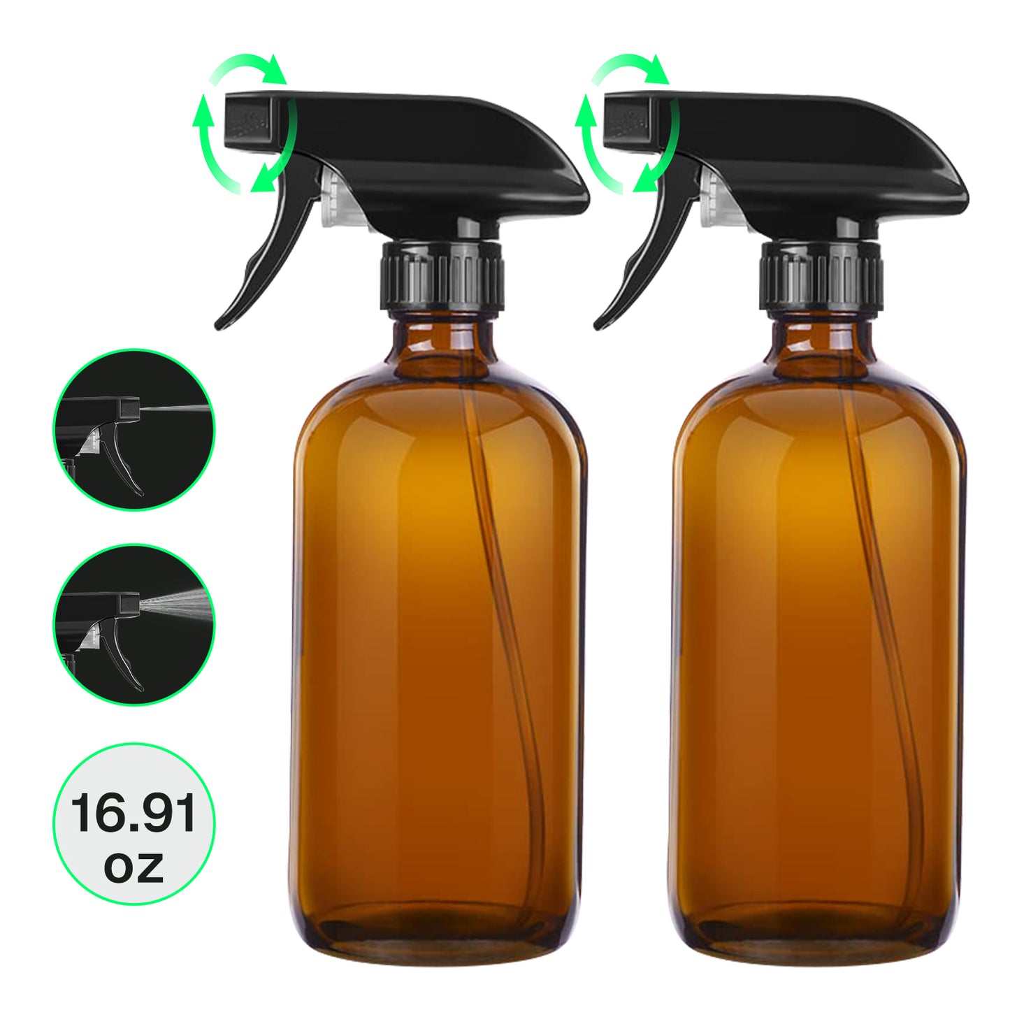 Behome 2-Pack Amber Glass Spray Bottles, 16.9 oz Refillable Spray Bottles with Adjustable Nozzles for Essential Oils, Plants, Cleaning Solutions, Hair Care