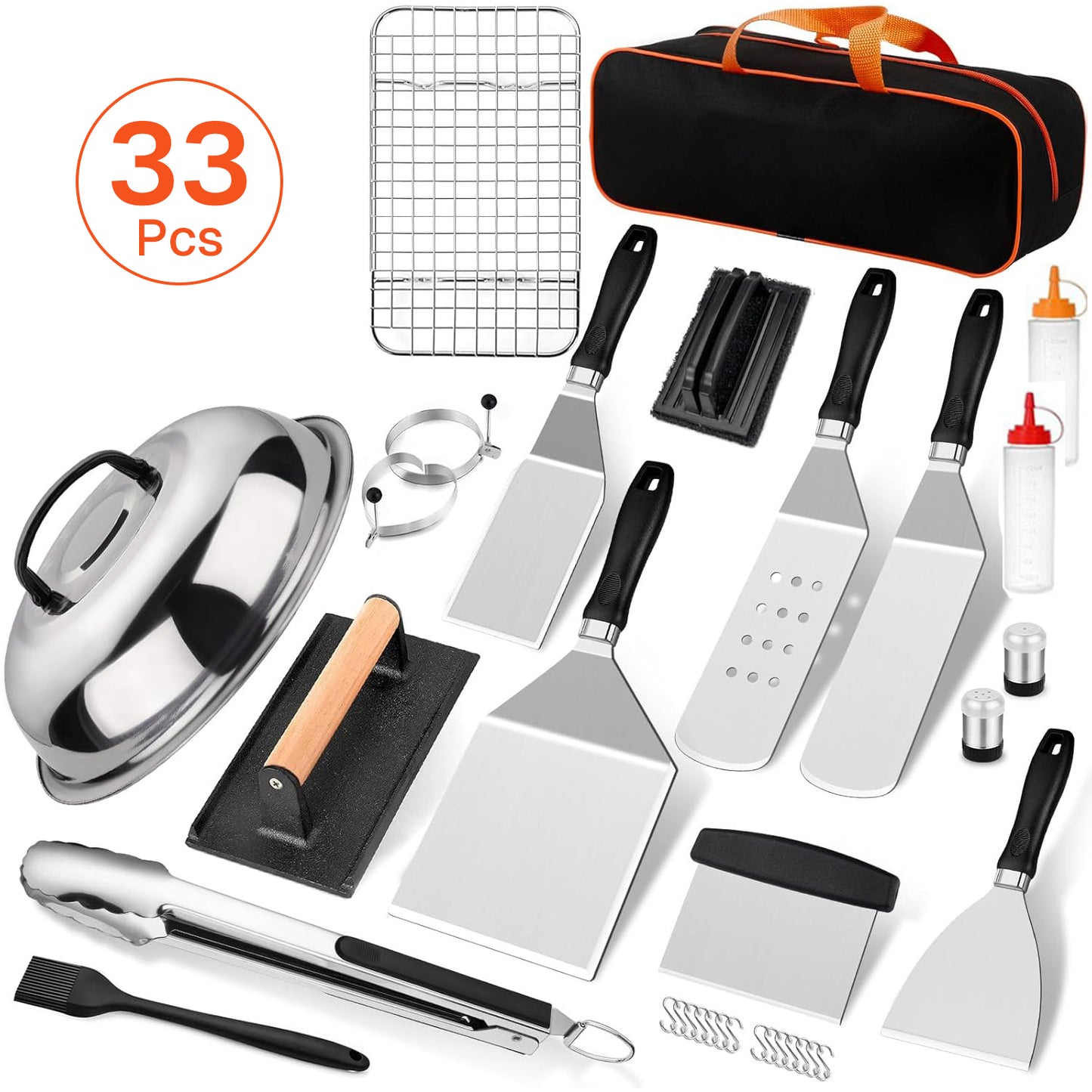 BN-LINK 33PCS Griddle Accessories Kit, Flat Top Grill Accessories with Enlarged Spatulas, Basting Cover, Burger Press & Scraper, Stainless Steel Griddle Tools for Outdoor Grilling BBQ