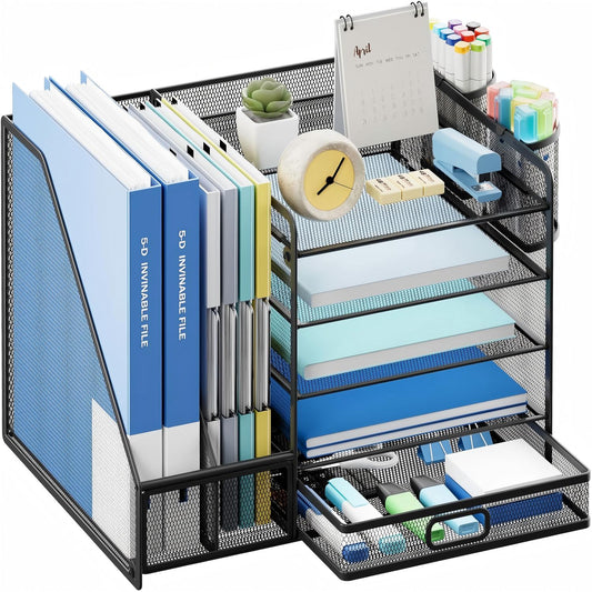 Behome Desk Organizer with File Holder, 5-Tier Desktop File Organizer with Drawer and 2 Pen Holders, Desk File Organizer for Office, Home or School, Black
