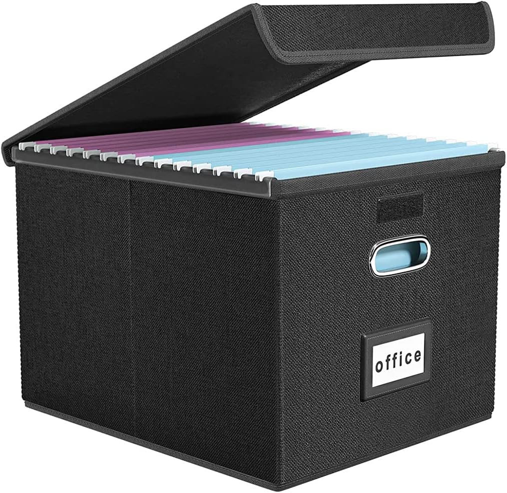Behome File Box, Foldable File Organiser Box with Lid, Foldable Fabric Hanging Filing Box with Plastic Slide for Home Storage Office Filing, Black