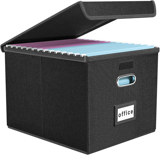 Behome File Box, Foldable File Organiser Box with Lid, Foldable Fabric Hanging Filing Box with Plastic Slide for Home Storage Office Filing, Black