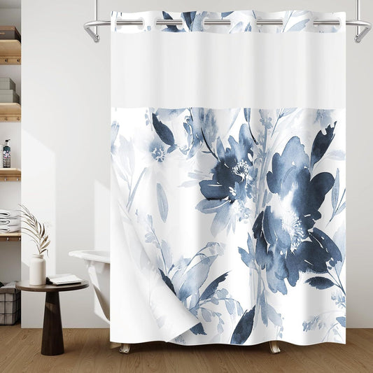 Behome Shower Curtain, Double-layer Waterproof Thick Fabric Shower Curtain, Bath Curtain Set for Bathroom, 71Wx74H, Blue and White