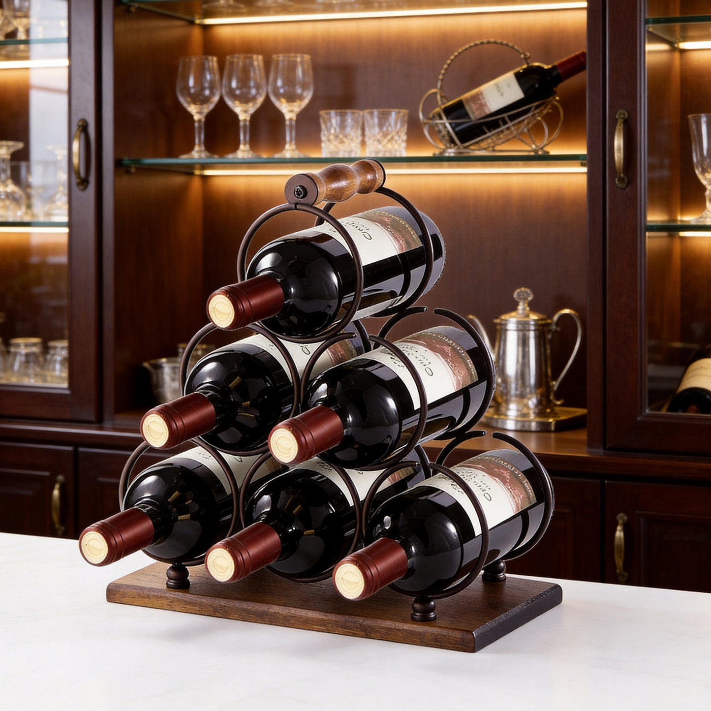 Behome Countertop Wine Rack, 6 Bottles Tabletop Wine Bottle Holder, Wood Handle & Base, for Home Decor, Bar, Wine Cellar, Cabinet, Pantry, etc