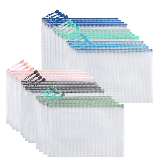 Behome 24pcs Mesh Zipper Pouch Bags, 6 Colors Waterproof A4 Zipper Bags for Organizing Storage, Letter Size, File Bags for Travel, School Supplies, Office Appliances and Home