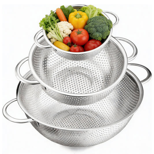 Behome 3 Pack Colander, Stainless Steel Colander Strainers with Handles & Resting Base, Steel Colander Sieves for Draining Rinsing Washing, for Pasta Vegetables Fruits, 2/4/7 Qt