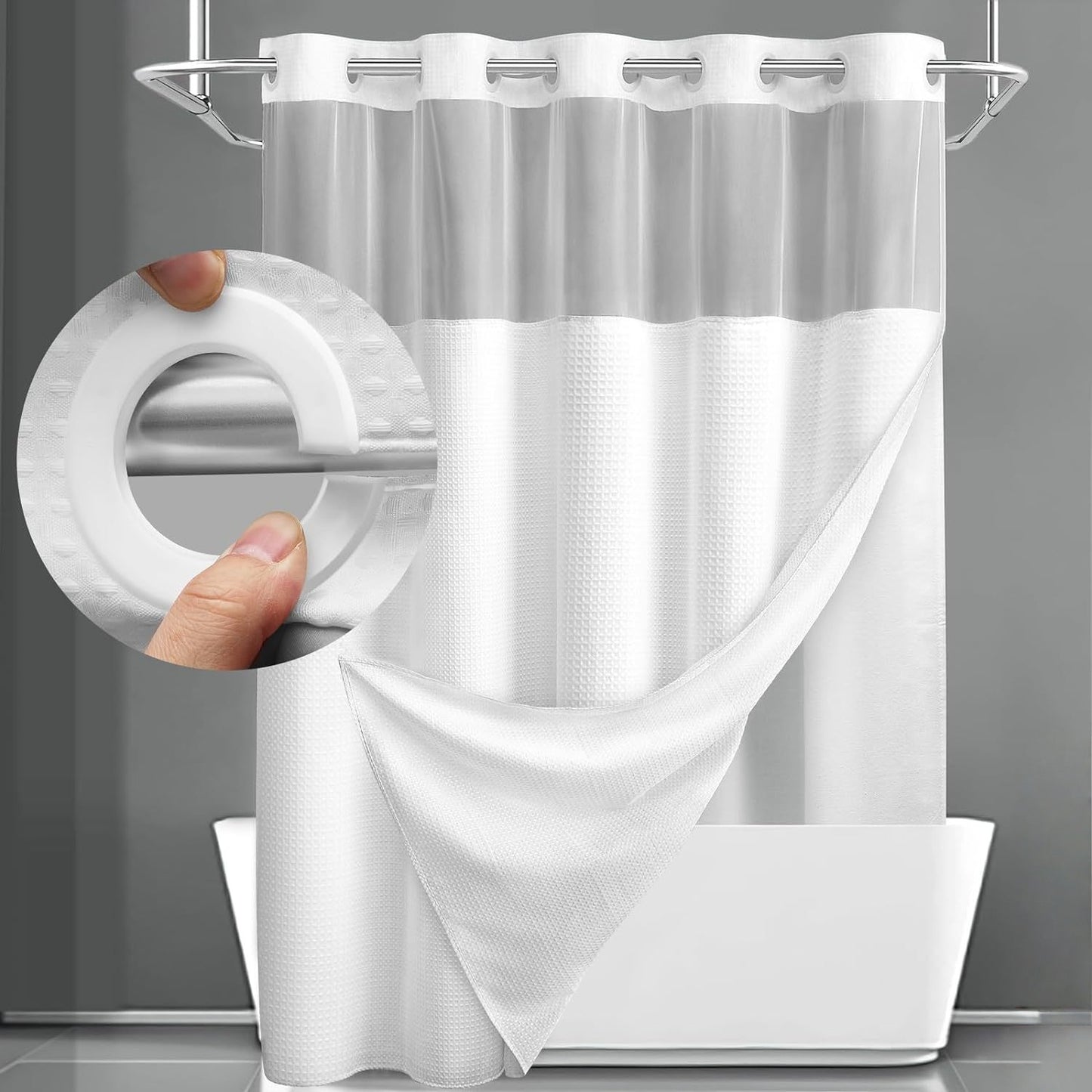 Behome Shower Curtain, Double-layer Waterproof Waffle-textured Thick Fabric Shower Curtain, Bath Curtain Set for Bathroom, 71Wx74H, White