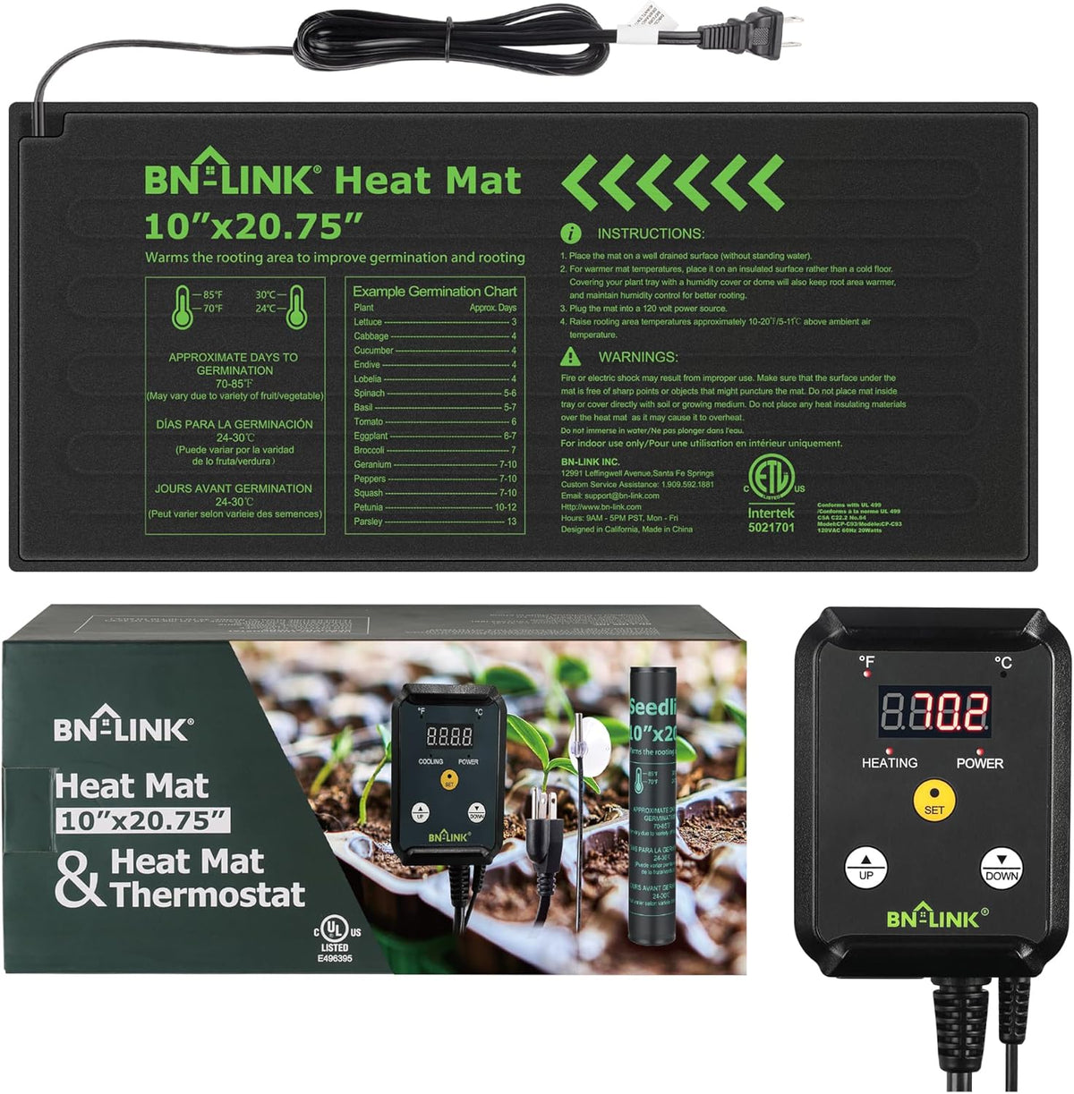 BN-LINK Seedling Heat Mat Heating Pad 10" x 20.75" with Digital Thermostat Controller Combo Set Waterproof for Indoor Seed Starting and Plant Germination