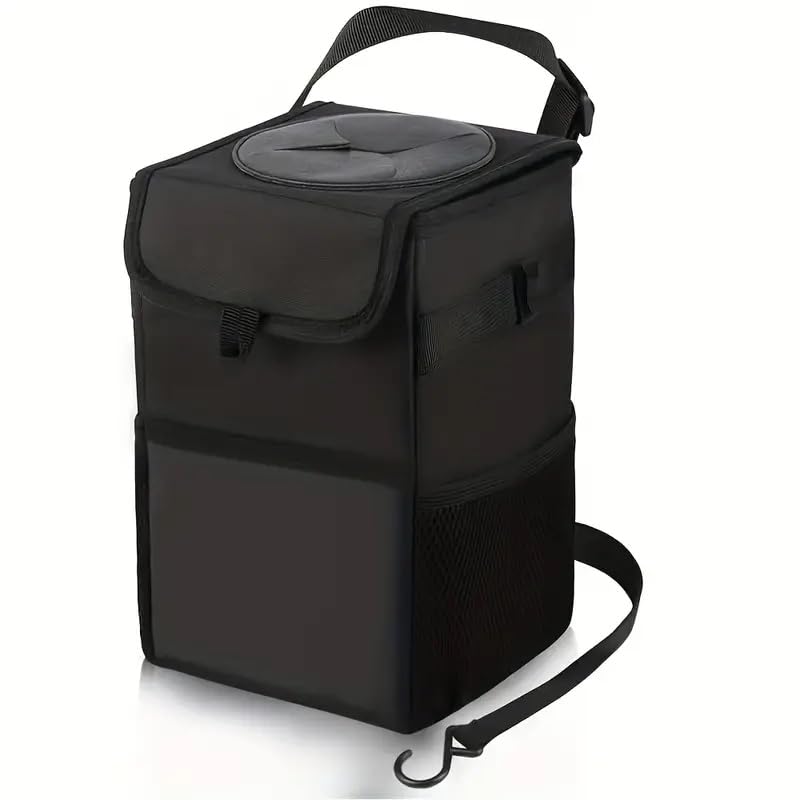 BN-LINK Car Trash Can with Lid, Leak-Proof & Waterproof Car Garbage Can with Storage Pockets, Hanging Auto Trash Bin for SUV, Truck & Back Seat Organizer, Black