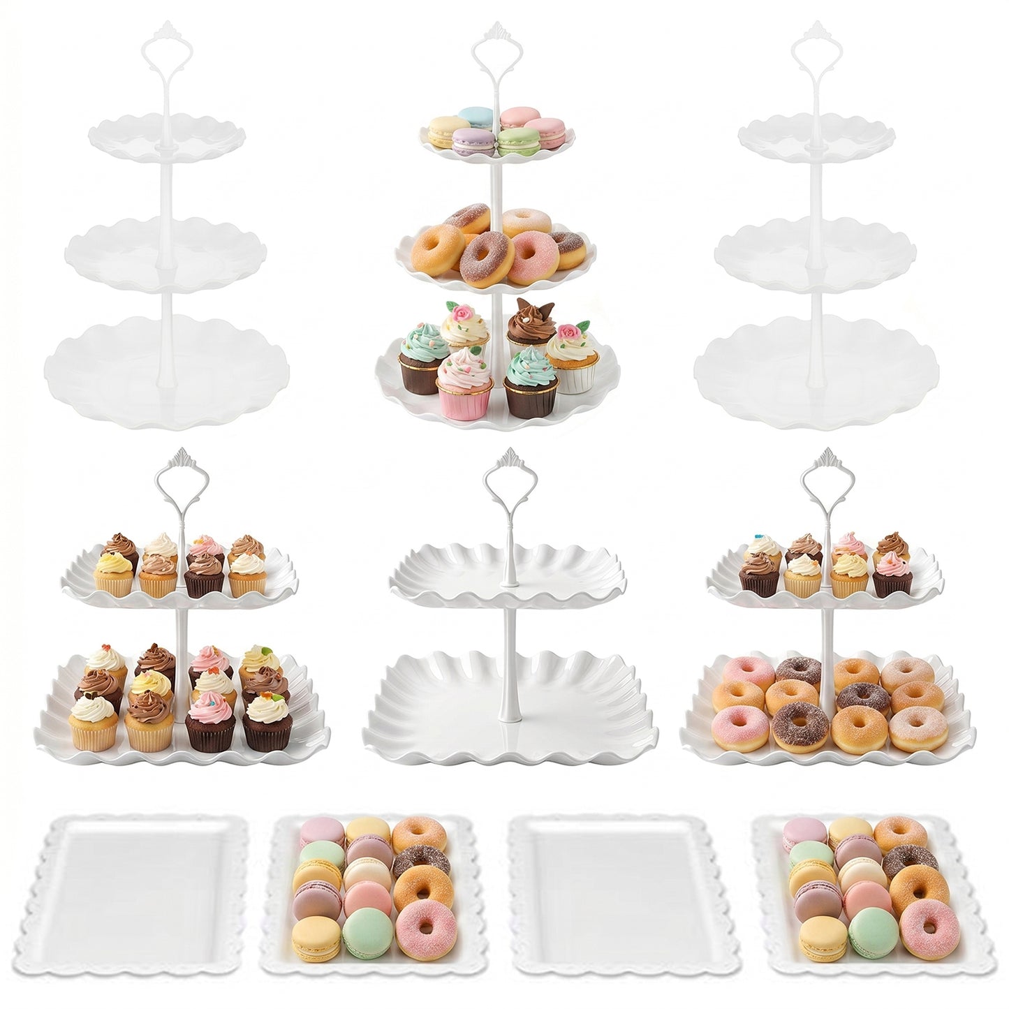 Behome 10Pcs Cupcake Stand, Cake Stand with Handle, 3 Two-Tier Square Stands, 3 Three-Tier Round Stands and 4 Serving Trays, Plastic Dessert Table Stand Set for Birthday, Tea Party, Wedding, Baby Showers