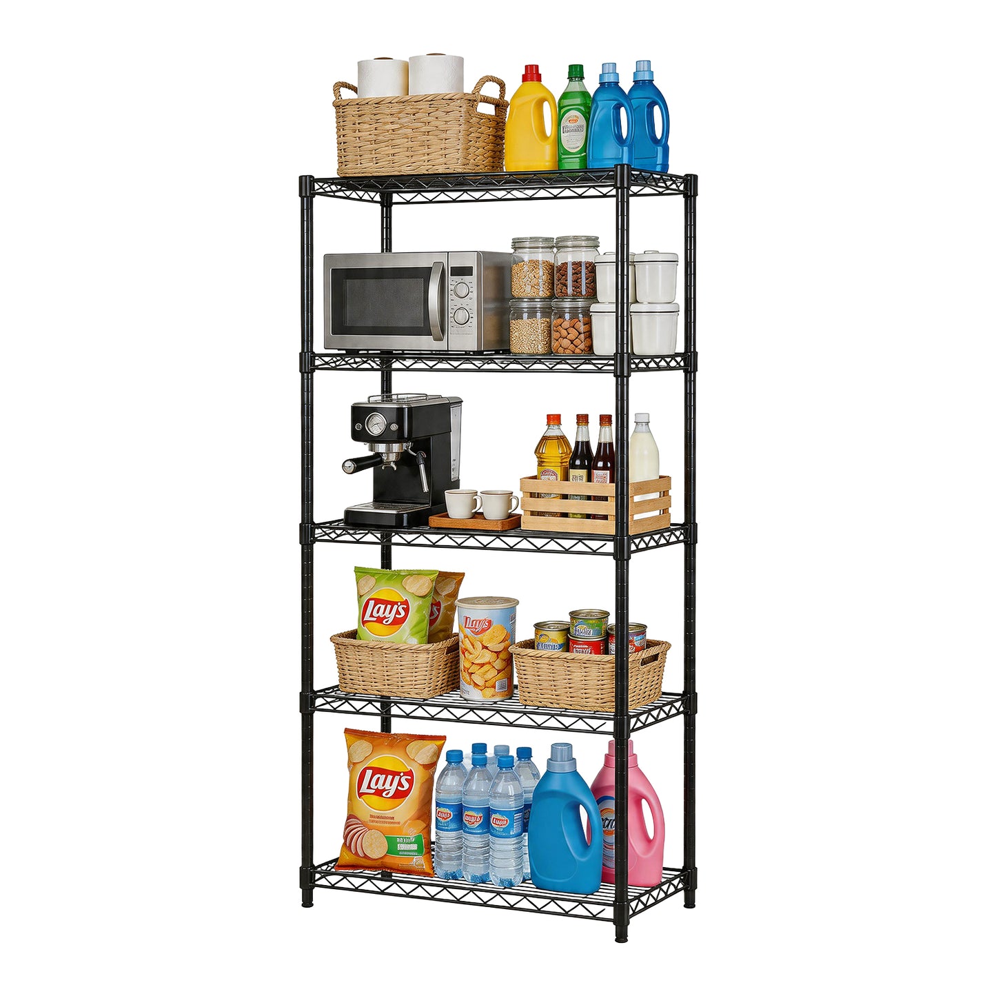 Behome 5-Tier Wire Shelving Unit With 4 Hooks, 21.26"D x 11.4"W x 59"H Adjustable Metal Storage Shelves, Heavy Duty Storage Rack, No-Tool Assembly for Kitchen, Garage, Pantry Closet