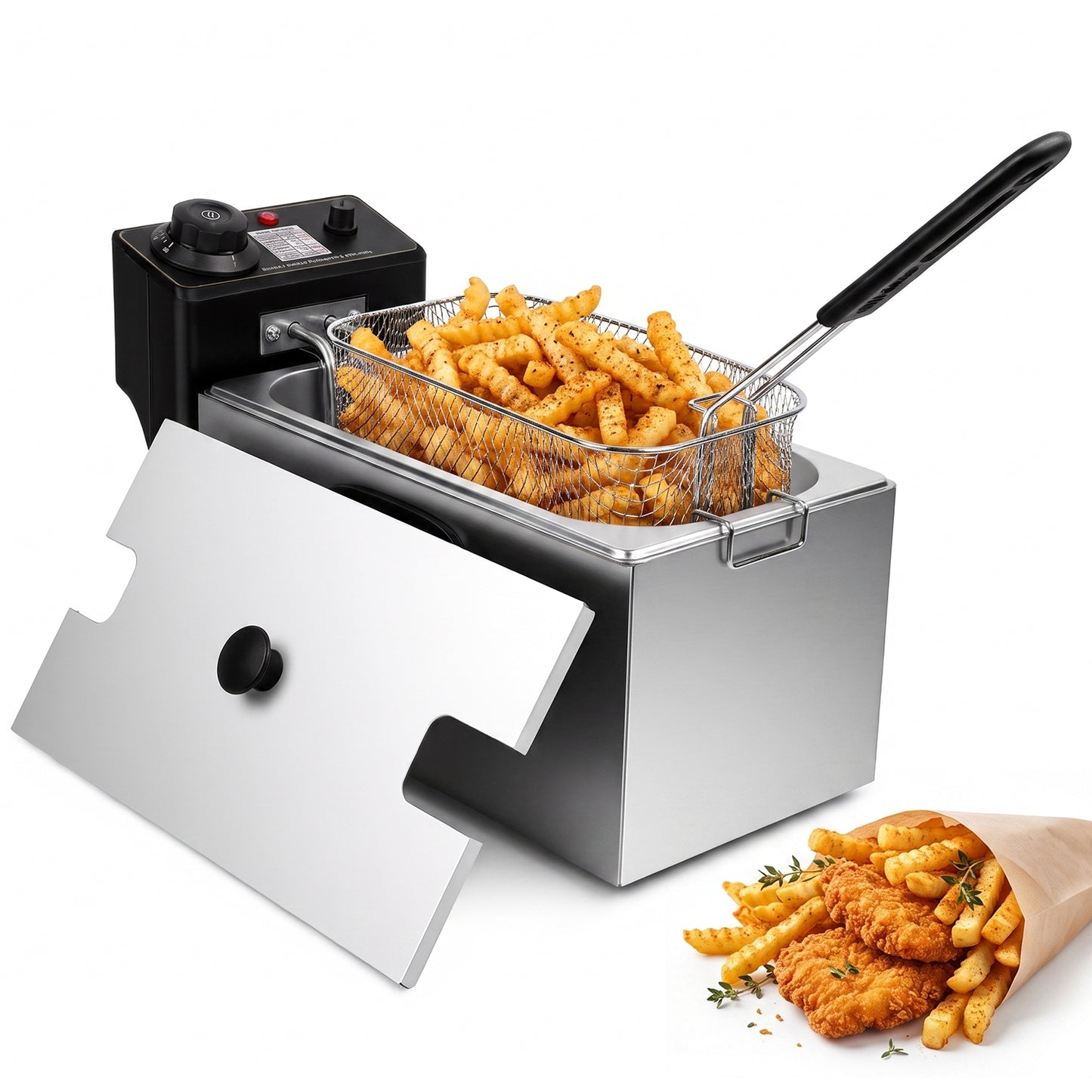 Behome Deep Fryer with Basket, 1400W 4.23QT/4L Thickened Stainless Steel Countertop Electric Oil Fryer, Easy Clean with Adjustable Temperature & Timer, Silver