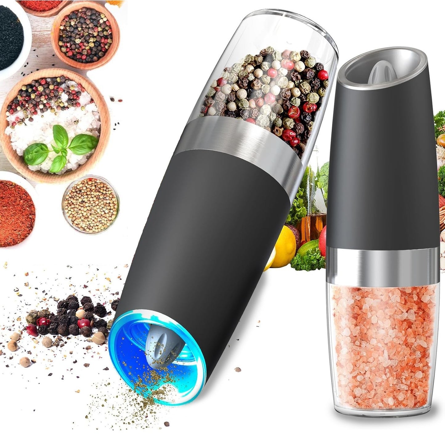 BN-LINK Gravity Electric Pepper and Salt Grinder Set, 2pack Battery Operated Automatic Pepper Mill Grinder with LED Light, Adjustable Coarseness, One Hand Automatic Operation, for Home Kitchen BBQ
